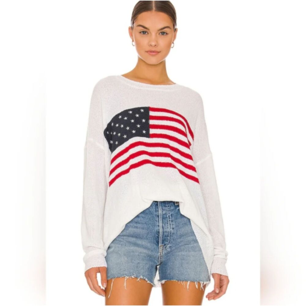 Show Me Your Mumu Woodsy American Flag Knit Sweater Small Oversized Cozy USA